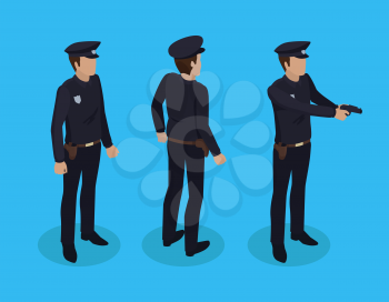 Police worker man wearing special black uniform with cap and badge. Policeman construction set back profile views. Person with gun isolated vector