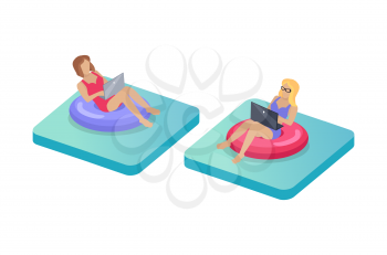 Freelance workers in lifebuoy set. Women wearing bathing swimming suits using laptops complete work in time. Distant job of ladies isolated on vector