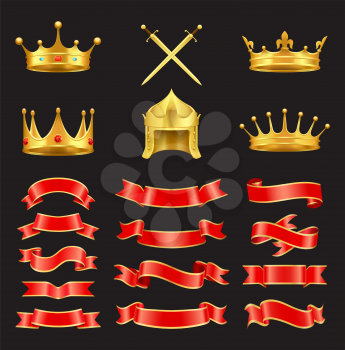 Vector ancient armorial symbols. King and monarch crown and diadem, knight gold helmet and sword, heraldic straight and embowed ribbons isolated.