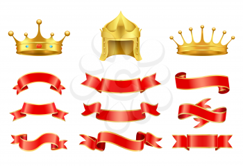 Gold crown with jewel, helmet and red ribbons vector set. Vintage icons of corona, strips of different shape and style, horizontal string decoration