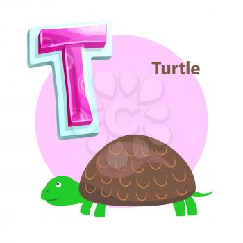 Letter T for Turtle cartoon alphabet for children. Volume symbol with pattern, reptile with green muzzle, paws and tail, brown carapace vector icon