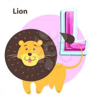 Lion character with furry mane for L letter learning. Zoo alphabet for kids with smiling cartoon animal for children book, magazine or english lesson.