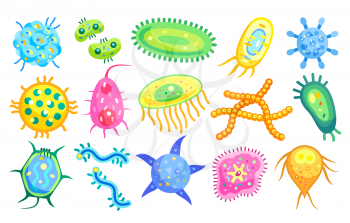 Bacteria micro creatures organisms set. Types of germs and microbes rounded shaped and chained pathogen elements. Viral molecules isolated on vector