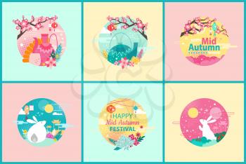 Happy mid autumn festival posters set. Teapot and cup ceremony of tea. Animal rabbit and Chinese typical architecture gates and sakura tree vector