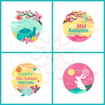 Happy mid autumn festival emblem set with national and event symbols as sakura and chinese lantern, teapot and rabbit. Asian cultural event poster.