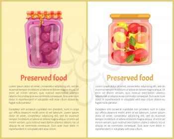 Preserved fruit and vegetables set vector icons. Sour plum compote, jam and conserved tomato in marinade with spices, homemade containers with food poster