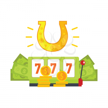 Gambling concept vector banner in flat style. Horseshoe, slot machine with sevens, dollar bills and gold coins.  Illustration for gambling industry, sport lottery services, icons, web pages design. 
