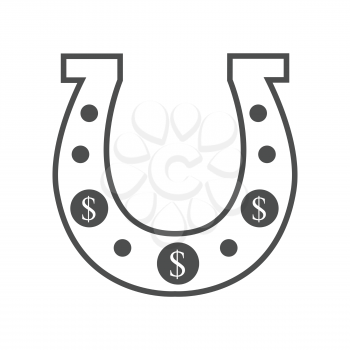 Monochrome, black horseshoe vector. Traditional symbol of fortune and luck in with dollar signs. Illustration for gambling industry, online game and lottery services. Isolated on white background.