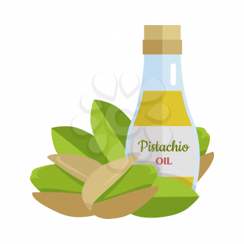 Pistachio oil and nuts vector. Flat design. Healthy food, diet and cosmetic products. Seasoning. Culinary ingredient, source of protein, vitamins, fatty acids. Isolated on white background.