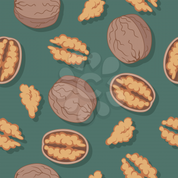 Walnut seamless pattern. Ripe walnut kernels in flat. Walnut on a dark green background. Several walnut kernels. Healthy vegetarian food. Vector illustration