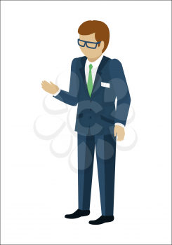 Man character vector in isometric projection. Male in business suite reaches out hand. Seller, assistant, manager, clerk, merchandiser, vendor, salesperson, consultant illustration. Isolated on white