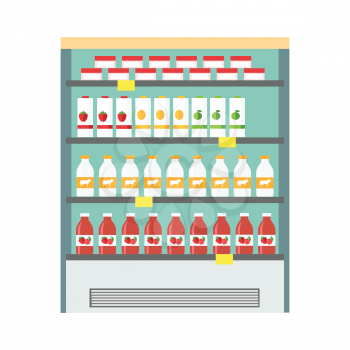 Showcase refrigerator for cooling dairy products. Different colored bottles in blue drinks fridge. Fridge dispenser cooling machine. Isolated object in flat design on white background.