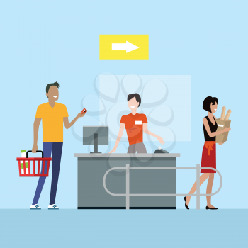 Operations in supermarket vector. Flat style. Buying products in grocery store. Cashier serves customers on counter desk equipment. Picture for retail companies, shopping and payment services ad.