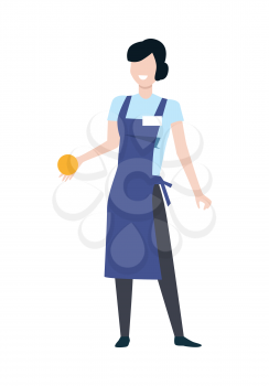 Shop assistant or seller character vector template. Flat design. Smiling woman in blue apron with orange fruit in hand standing on white background. Grocery shop, supermarket, mall personnel.