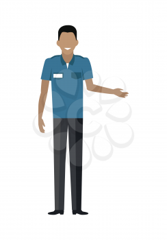 Shop worker character vector template. Flat design. Smiling man in uniform, assistant, seller, cashier or guard standing on white background. Grocery shop, supermarket, mall personnel illustration.