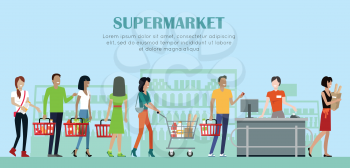 Supermarket concept vector banner. Flat style. Shopping in grocery store. Smiling cashier woman serves buyers on counter desk equipment in mall. Picture for retail companies ad, web page design.