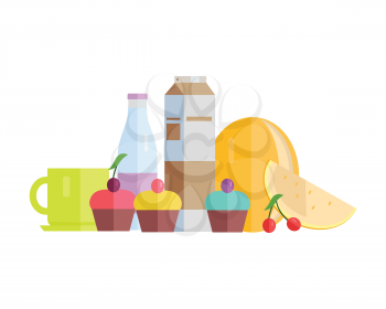 Group of food vector illustrations. Flat design. Collection of various sweets tea, cake, yogurt, melon, juice, cherry on white background for diet, menus, signboards illustrating, web design