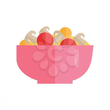 Salad with vegetables and mushrooms vector Illustration. Flat design. Healthy eating concept. Vegetarian dish in pink bowl. Picture for culinary recipes, cafe menu illustrating. Isolated on white.