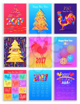 Happy New Year 2017 winter holidays set. Flat vector concepts with rooster symbol of year, calendars, abstract Christmas tree, ball, toys, garlands. Banners, greeting cards design. Vector illustration
