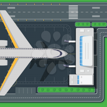 Airport top view concept. Passenger aircraft near airport terminal building, road, trees, runway flat style vector illustrations. Airplane flight. For airline ad, travel, transportation concept design
