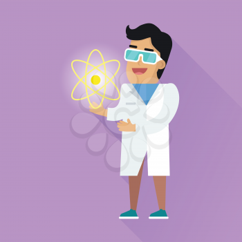 Scientist at work illustration. Vector in flat design. Scientific icon. Smiling male character in white gown standing with atom model in hand. Educational experiment. On violet background with shadow