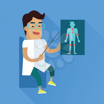Doctor at work illustration. Vector in flat style design. Medical Lecture. Smiling male character in white gown showing with pointer on sick human figure picture. On blue background with shadow