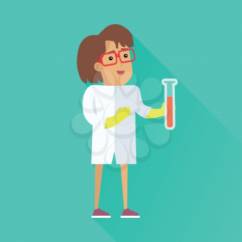 Scientist at work illustration. Vector in flat style design. Scientific icon. Smiling male character in white gown standing with test tube in hand. Educational experiment. On red background with shadow