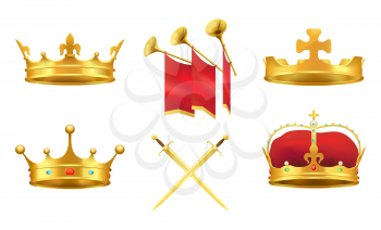 Gold kings crowns with cross, peaks and gems, chimneys with red cloth and crossed swords vector illustrations isolated on white background.