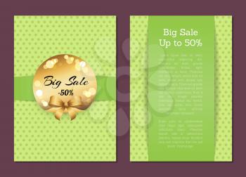Big sale up to 50 cover front back page golden label discount half price and place for text vector illustration poster isolated on green background
