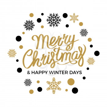 Merry Christmas Happy New Year vector concept with snowflakes in black and gold colors with lettering on white background. Winter holiday logo with gilded elements for greeting or invitations cards