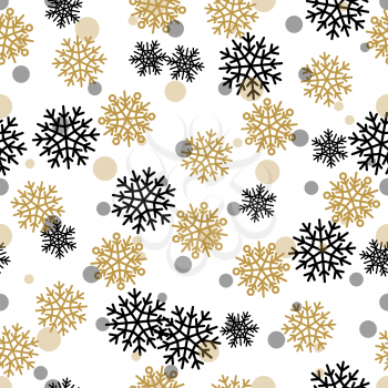 Seamless pattern with snowflakes and circles. Snowy background with black and gold snowflakes, silver dots. Winter elements of different shape, wallpaper design, endless texture stylish fabric