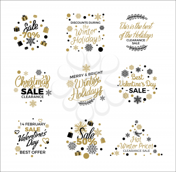 Winter holidays discount concepts big set with snowflakes, hearts, gifts in black and gold colors with elegant lettering on white. Christmas,  New Year and Valentines sales logos with gilded elements