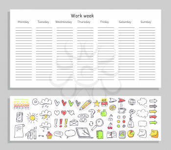 Work week daily plan and icons represented below in a schematic and funny way, day titles and empty space on vector illustration isolated on white