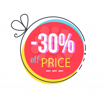 30 off price round sticker abstract bow, discount offer vector illustration in pink and yellow color, advertisement label with text isolated on white