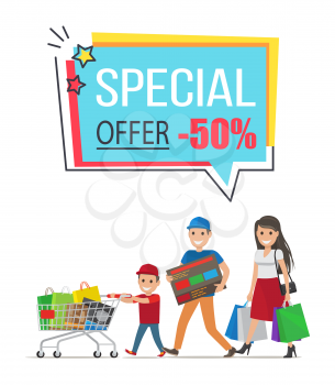 Special offer with 50 off promotional poster. Mother and two sons carry full paper bags, heavy boxes and small trolley vector illustration.