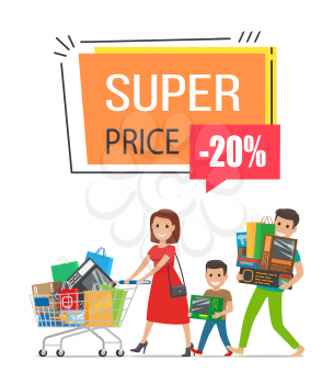 Super price -20 off, promotional poster representing family, consisting of father, mother and son, shopping together on vector illustration