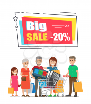 Big sale promo sticker in square shape frame 20 discount offer and people with cart on shopping with bargains and trolley vector illustration