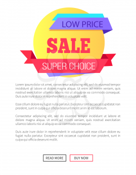 Low price sale super choice color round label on white background with text, vector illustration web banner with buttons read more and buy now