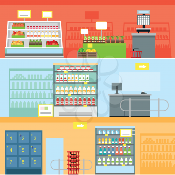 Supermarkets and grocery stores. Retail shop for buy product on shelf, purchase and department food, sale and cart with variety food, interior hypermarket section marketplace. Vector illustration