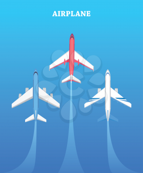 Set of airplanes flying in blue sky. Isolated vector illustration. Air transport, travel, flight. Graphic aircraft icon style design. Aviation concept sphere. Advertisement banner, website picture