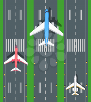 Set of aviation vector airplanes on runways illustration. Plane, airport, takeoff, grass, marking, lights. Vector informative poster, banner illustration. For airport hall or website about airplanes.