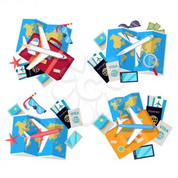 Informative vector poster for journey and traveling. Set of tourist things. Plane, visa, passport, map, photo gives a trip atmosphere. Trip concept collection illustration. Objects isolated on white