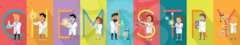 Chemistry banner. Science alphabet. ABC vector with scientists at work. Simple colored letters and scientist character. Scientific research, science lab, science test, technology illustration in flat