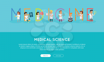 Medicine banner. Science alphabet. ABC vector with scientists at work. Simple colored letters and scientist character. Scientific research, medical lab, medical test, technology illustration in flat