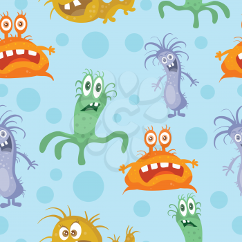 Set of seamless patterns with good and bad bacteria cartoon characters. Funny virus germs in flat style. Microbes endless texture. Dangerous organisms parasites. Wallpaper design. Vector illustration