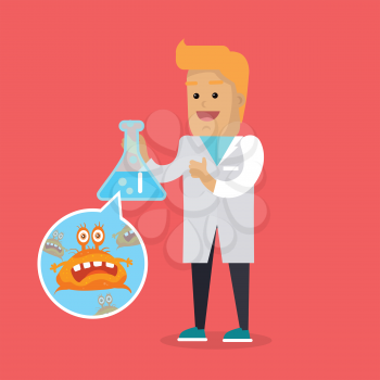 Bacteriologist with bacteria in glass flask vector illustration. Microbiologist makes investigation of germs. Scientist in white gown inspects viruses in flat cartoon style. Frighten bacteria monster