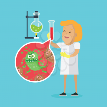 Scientist woman investigate bacterium with help of microbiological devices. Bacteriologist in white gown inspects viruses. Bacteria in glass flask vector. Flat cartoon style. Angry bacteria monster