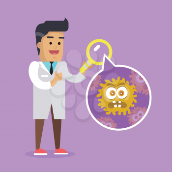 Scientist man investigate bacterium with help of magnifying glass. Bacteriologist in white gown inspects viruses. Bacteria in bubble vector illustration. Flat cartoon style. Angry bacteria monster
