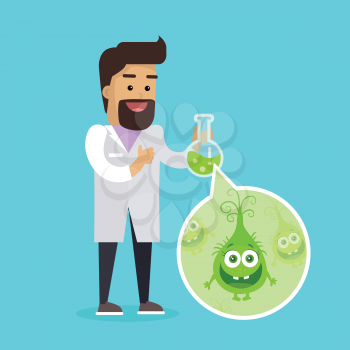Bacteriologist with bacteria in glass flask vector illustration. Microbiologist makes investigation of germs. Scientist in white gown inspects viruses in flat cartoon style. Frighten bacteria monster