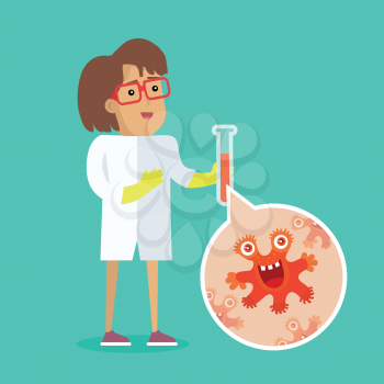 Scientist woman investigate bacterium with help of microbiological devices. Bacteriologist in white gown inspects viruses. Bacteria in glass flask vector. Flat cartoon style. Angry bacteria monster